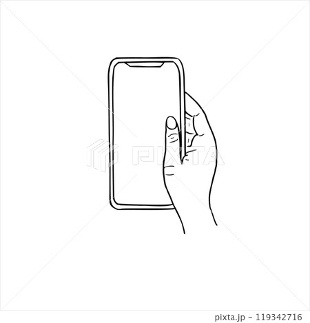 Monochrome hand holding vertically phone with white display vector isolated sketch painted by black inks. Empty spice on mobile device for any text hand drawn illustration for poster Monochrome hand holding vertically phone with white display vector isolated sketch painted by black inks. Empty spice on mobile device for any text hand drawn illustration for poster 119342716