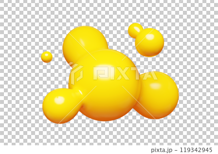 Yellow abstract liquid metaball shape. 3d render illustration of fluid soft bubble blob. Organic bright decorative sphere geometric form. Morphing ball aqua drop or molecule. Flow particles. 119342945