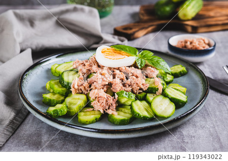 Appetizing salad of cucumber, canned tuna and egg on a plate on the table 119343022