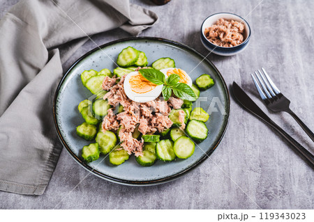 Keto salad with tuna, cucumber, egg and basil in a bowl on the table Keto salad with tuna, cucumber, egg and basil in a bowl on the table 119343023