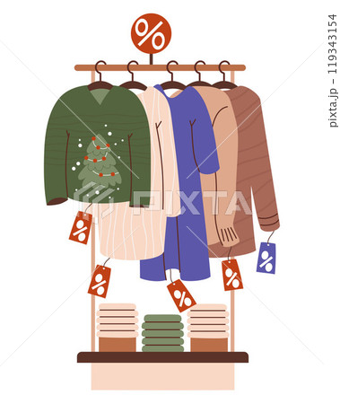 New Year sale. Store Christmas shopping. Shop rack with fashionable clothes and ugly xmas sweater with tree on hangers. Vector illustration. Concept Season purchase, gifts. Black Friday. 119343154