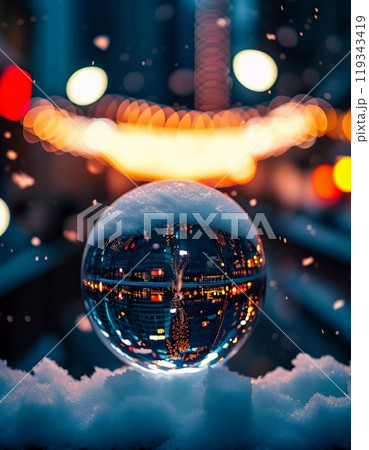 A snowy city street glows with festive Christmas lights, while a crystal ball captures the enchanting reflections of the colorful decorations on a winter evening. Generative AI 119343419
