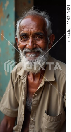 An elderly man from India exudes joy with a warm smile and twinkling eyes. His gray hair and beard reflect the wisdom of his years, showcasing a life rich in experiences. Generative AI 119343421