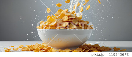 A pile of yellow-orange corn flakes in a deep white bowl stand on a table into which milk is poured from a height, creating splashes and flying flakes on a gray background. Close-up, side view A pile of yellow-orange corn flakes in a deep white bowl stand on a table into which milk is poured from a height, creating splashes and flying flakes on a gray background. Close-up, side view 119343678