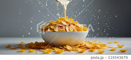 A pile of yellow-orange corn flakes in a deep white bowl stand on a table into which milk is poured from a height, creating splashes and flying flakes on a gray background. Close-up, side view A pile of yellow-orange corn flakes in a deep white bowl stand on a table into which milk is poured from a height, creating splashes and flying flakes on a gray background. Close-up, side view 119343679