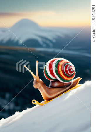 A snail in a winter hat rides or descends on a sled through the snow from the mountain against the background of Christmas trees. The concept of movement and full life when even a slow sloth does it 119343791