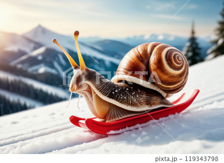 A snail rides or descends on a sled through the snow from the mountain against the background of Christmas trees. The concept of movement and full life when even a slow sloth does it 119343798