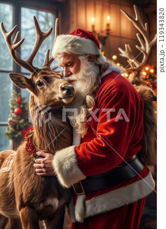 Santa Claus lovingly hugs his reindeer indoors against a background of decorations and a Christmas tree with decorations, garlands and toys. The atmosphere of comfort and love 119343820