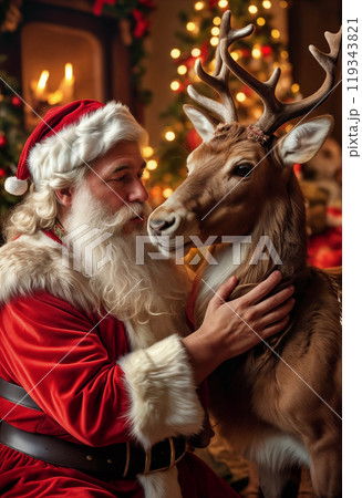 Santa Claus lovingly hugs his reindeer indoors against a background of decorations and a Christmas tree with decorations, garlands and toys. The atmosphere of comfort and love 119343821