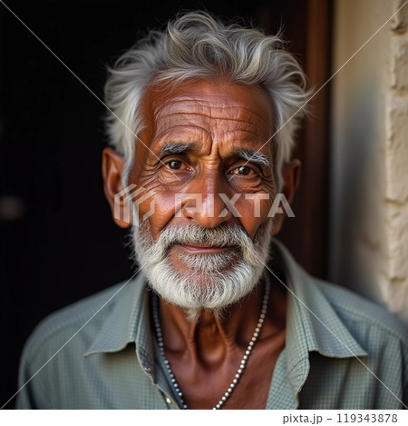 An elderly man from India exudes joy with a warm smile and twinkling eyes. His gray hair and beard reflect the wisdom of his years, showcasing a life rich in experiences. Generative AI An elderly man from India exudes joy with a warm smile and twinkling eyes. His gray hair and beard reflect the wisdom of his years, showcasing a life rich in experiences. Generative AI 119343878
