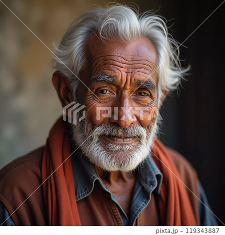 An elderly man from India exudes joy with a warm smile and twinkling eyes. His gray hair and beard reflect the wisdom of his years, showcasing a life rich in experiences. Generative AI 119343887