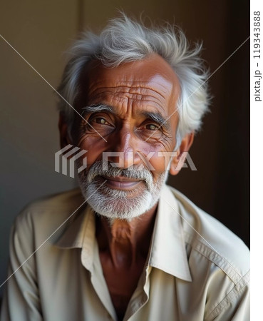 An elderly man from India exudes joy with a warm smile and twinkling eyes. His gray hair and beard reflect the wisdom of his years, showcasing a life rich in experiences. Generative AI 119343888