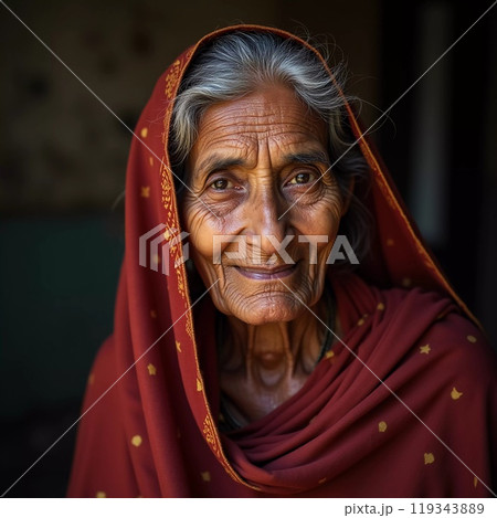 An elderly woman with a warm smile is dressed in a bright red shawl. She appears relaxed and content, enjoying her surroundings in a rural Indian home. Generative AI 119343889