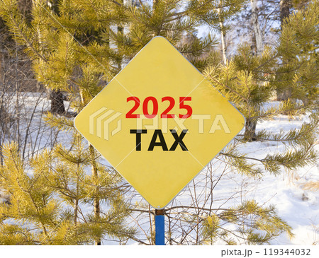 Planning 2025 tax new year symbol. Concept words 2025 Tax on beautiful yellow road sign. Beautiful winter forest background. Business 2025 tax new year concept. Copy space. Planning 2025 tax new year symbol. Concept words 2025 Tax on beautiful yellow road sign. Beautiful winter forest background. Business 2025 tax new year concept. Copy space. 119344032