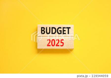 Planning budget 2025 new year symbol. Concept words Budget 2025 on beautiful wooden blocks. Beautiful yellow background. Business budget 2025 new year concept. Copy space. 119344059