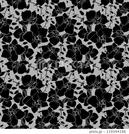 seamless pattern of large black silhouettes of orchids on a gray background, texture, design 119344198