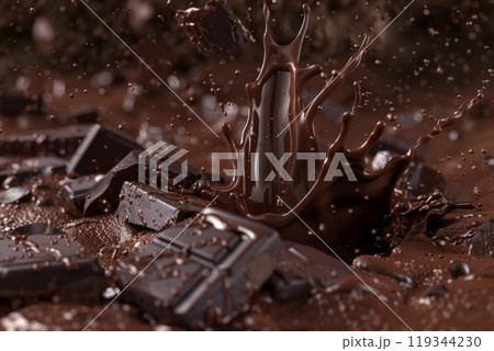 Splashes of chocolate. Chocolate bar is poured into melted chocolate pile 119344230