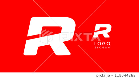 Bold angular letter R, geometric cutouts, minimalist sporty style, dynamic corporate identity, athletic and automotive logo, strong typographic design. Vector typeset 119344268