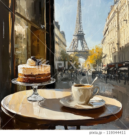 A delicious slice of cake and a cup of coffee sit on a café table, showcasing a stunning view of the Eiffel Tower in the background during a bright day. A delicious slice of cake and a cup of coffee sit on a café table, showcasing a stunning view of the Eiffel Tower in the background during a bright day. 119344411