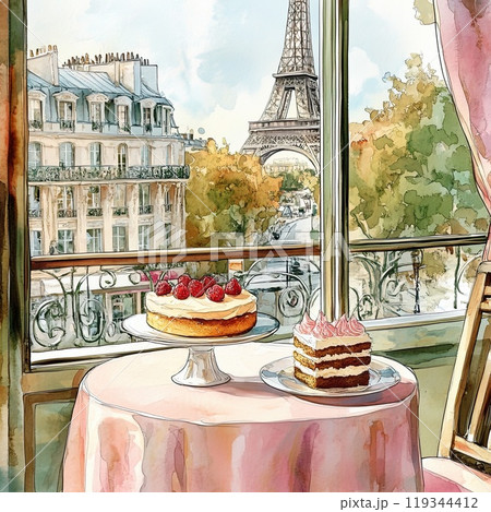 A beautiful balcony scene showcases two tempting cakes on a table. The Eiffel Tower rises elegantly in the background, creating a quintessential Parisian atmosphere. A beautiful balcony scene showcases two tempting cakes on a table. The Eiffel Tower rises elegantly in the background, creating a quintessential Parisian atmosphere. 119344412