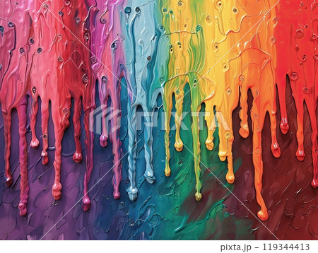 Vivid paint in rainbow hues drips down a textured surface, showcasing a blend of colors from red to purple in an art studio environment, highlighting creativity. 119344413