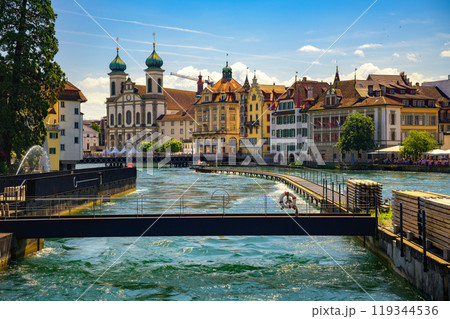 Historic Buildings along the Reuss River in Lucerne, Switzerland 119344536