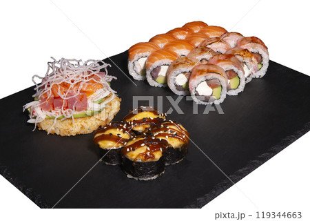 Sushi set with ginger and wasabi on a slate plate 119344663