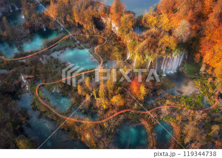 Aerial view of waterfall in red autumn forest at sunrise Aerial view of waterfall in red autumn forest at sunrise 119344738