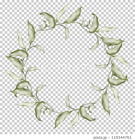 Green Wreath with leaves on isolated background. Watercolor Drawing of round Frame for wedding greeting cards or invitations. Botanical decoration for holiday and Event Invitations. Herbal chaplet. 119344761
