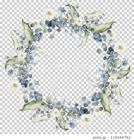 Grape wreath with green plant on isolated background. Watercolor Botanical round frame of template with bilberry for wedding invitation cards. Hand-drawn elegant banner with black rowan for postcards. 119344762