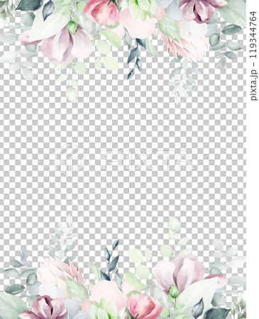 Watercolor Floral frame with dim roses and muted leaves eucalyptus. Hand-drawn of botanical background on for greeting cards or invitations on Valentines Day. Elegant framework for Wedding cards. 119344764