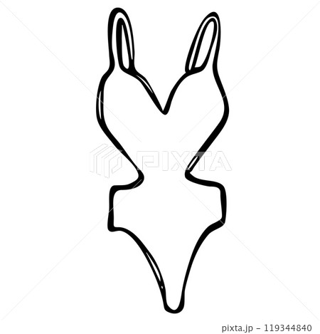 Woman swimsuit contour illustration. One-piece swimsuit, with V neck and cut-outs. Doodle ink style hand-drawn black contour Woman swimsuit contour illustration. One-piece swimsuit, with V neck and cut-outs. Doodle ink style hand-drawn black contour 119344840