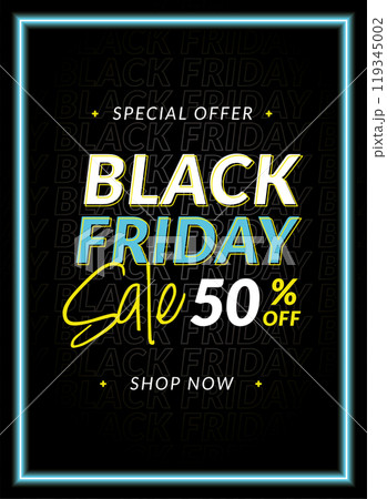 Black Friday special offer with discount in neon style, Vector 119345002