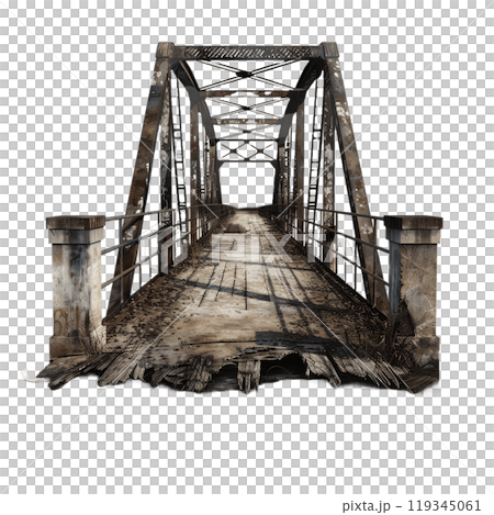 Digital illustration of an old metal truss bridge with wooden deck, isolated on a transparent background Digital illustration of an old metal truss bridge with wooden deck, isolated on a transparent background 119345061