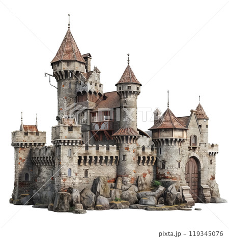 Intricately designed medieval castle with towers and battlements, set among a rugged landscape 119345076