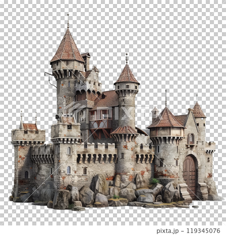 Intricately designed medieval castle with towers and battlements, set among a rugged landscape 119345076