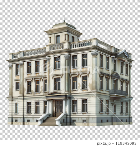 Detailed image of a threestory european building with a transparent background, suitable for design projects 119345095
