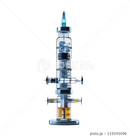 Detailed graphic of a medical syringe with a transparent backdrop for versatile use 119345096