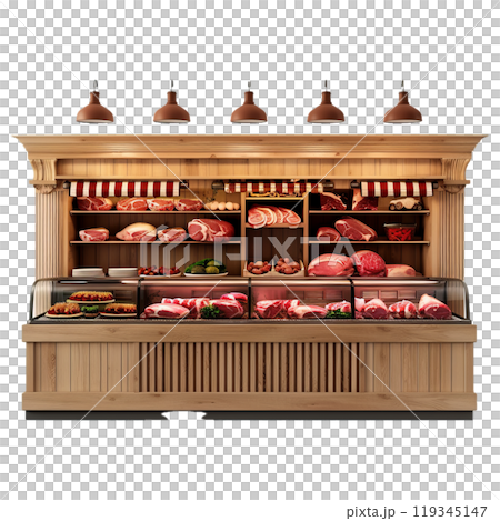 Vintage wooden display of traditional butcher shop showcasing a wide variety of fresh meat products including beef, pork, sausages, lamb, poultry, and gourmet cuts such as steak, rib, and chop 119345147