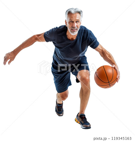 Fit elderly male in sportswear dribbling a basketball, isolated on a clear background 119345163