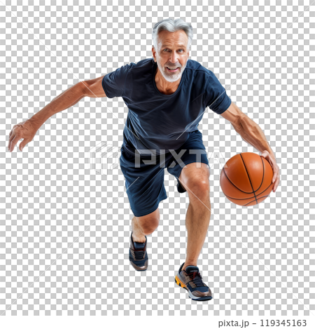Fit elderly male in sportswear dribbling a basketball, isolated on a clear background 119345163