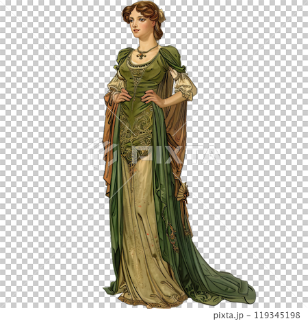 Stunning illustration of a woman in a luxurious medieval green dress 119345198