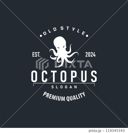 Octopus Logo, Old Retro Vintage Design Ocean Animal Vector Tentacle Illustration Template Octopus Logo, Old Retro Vintage Design Ocean Animal Vector Tentacle Illustration Template 119345343