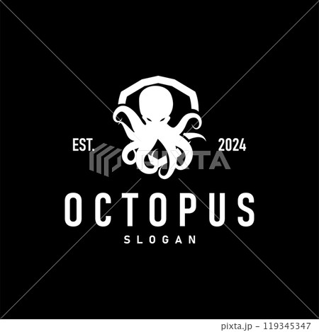 Octopus Logo, Old Retro Vintage Design Ocean Animal Vector Tentacle Illustration Template 119345347