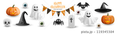 3D Halloween Cartoon Icons Set. Spooky, Cute, Fun Halloween Illustrations for Festive Decorations. Trick or Treat, Haunted Concept. Halloween Cartoon Graphics, Design Template Collection 119345384