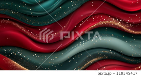 Green and red waves with gold glitter. Generative AI 119345417