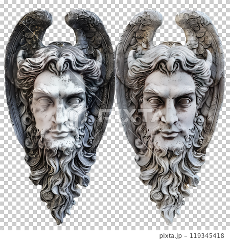 Symmetrical twin satyr face sculptures with intricate details on a grey grid background 119345418