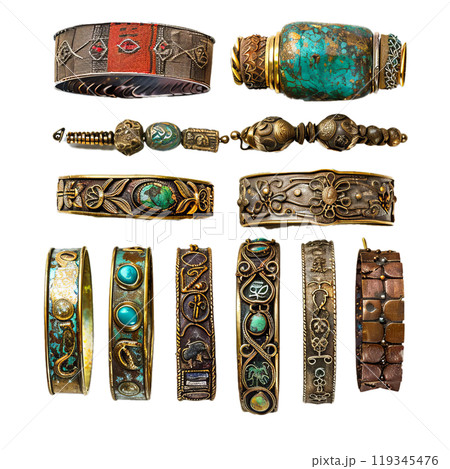Assorted vintage bracelets and bangles with intricate designs and gemstones on a gray background Assorted vintage bracelets and bangles with intricate designs and gemstones on a gray background 119345476