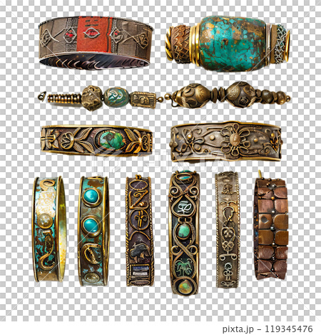 Assorted vintage bracelets and bangles with intricate designs and gemstones on a gray background Assorted vintage bracelets and bangles with intricate designs and gemstones on a gray background 119345476