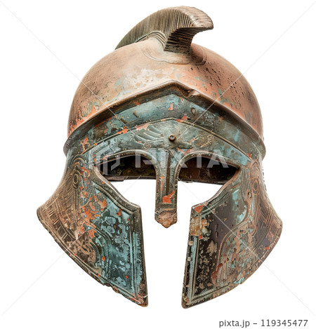 Authentic greek corinthian helmet with patina, isolated on a transparent background for design use Authentic greek corinthian helmet with patina, isolated on a transparent background for design use 119345477